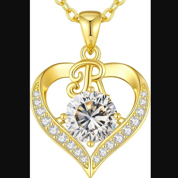 18K Gold Plated Moissanite R Initial Heart Necklace Sterling Silver NWT - Picture 1 of 7